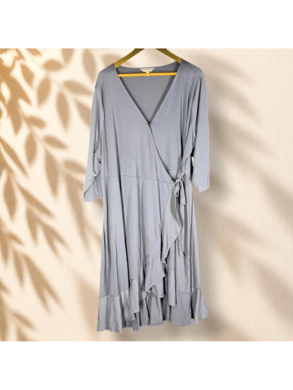 New Terra & Sky Wrap Dress Women 3X Plus Gray Midi V-Neck Tasseled Tie Up Casual